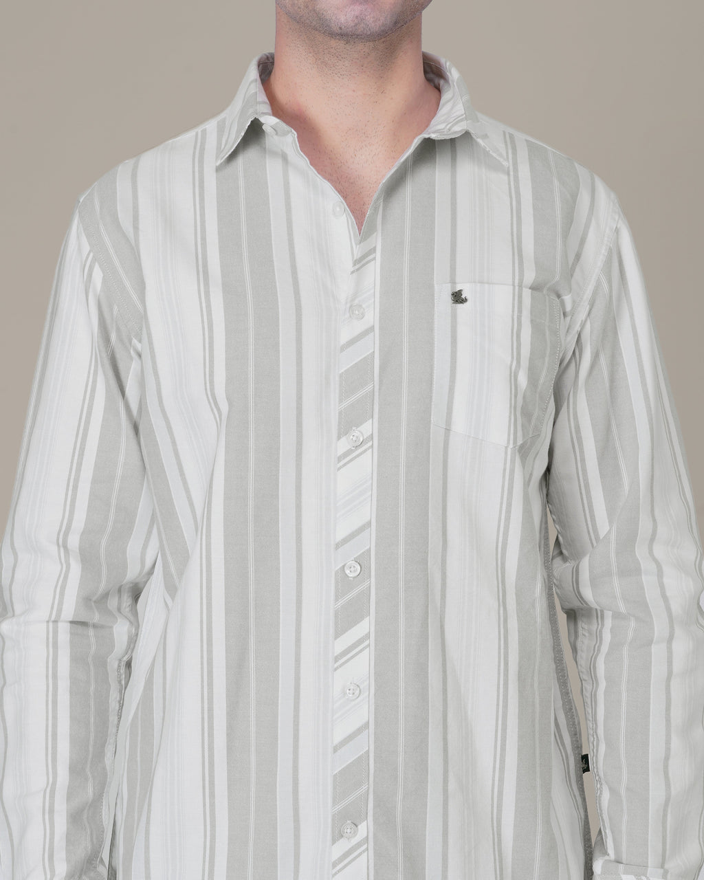 White and Light Grey Striped 100% Cotton Oxford Shirt