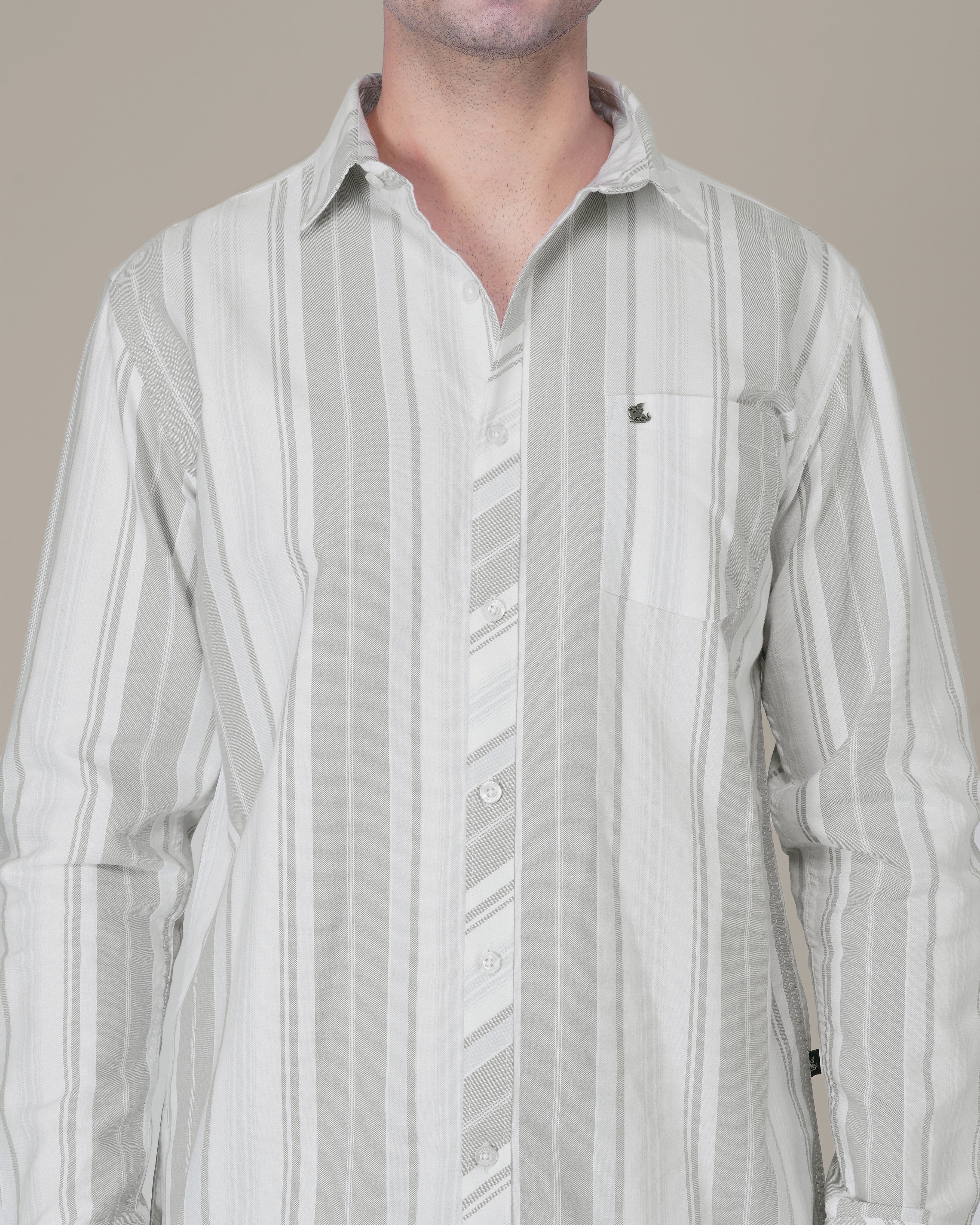 White and Light Grey Striped 100% Cotton Oxford Shirt