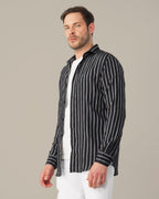 Black and White Striped Viscose-Nylon Blend Button-Up Shirt