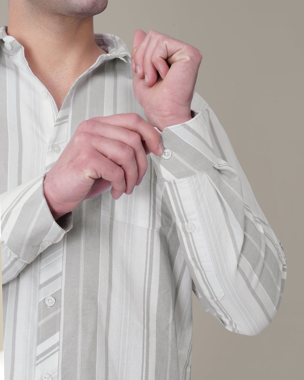 White and Light Grey Striped 100% Cotton Oxford Shirt