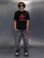 Acid Wash Crew Neck Tee With Chest Logo & Patch Graphic | Black
