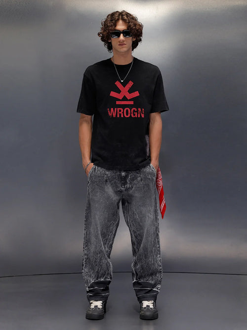 Acid Wash Crew Neck Tee With Chest Logo & Patch Graphic | Black