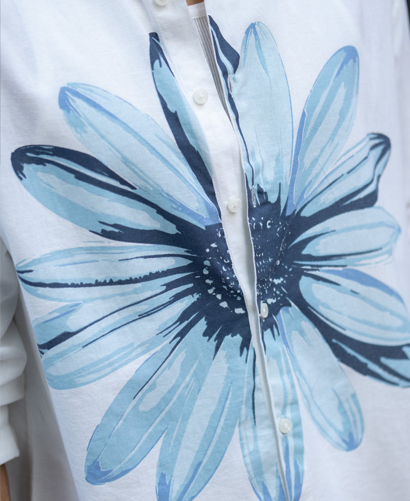 White Printed Boxy Lightweight Shirt 100% Cotton
