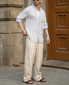 White Linen Blend Stripe Shirt