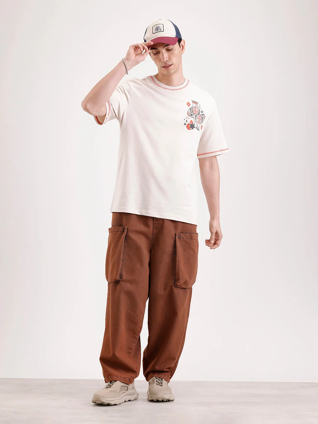 Placement Printed Oversized T-Shirt   |  Beige