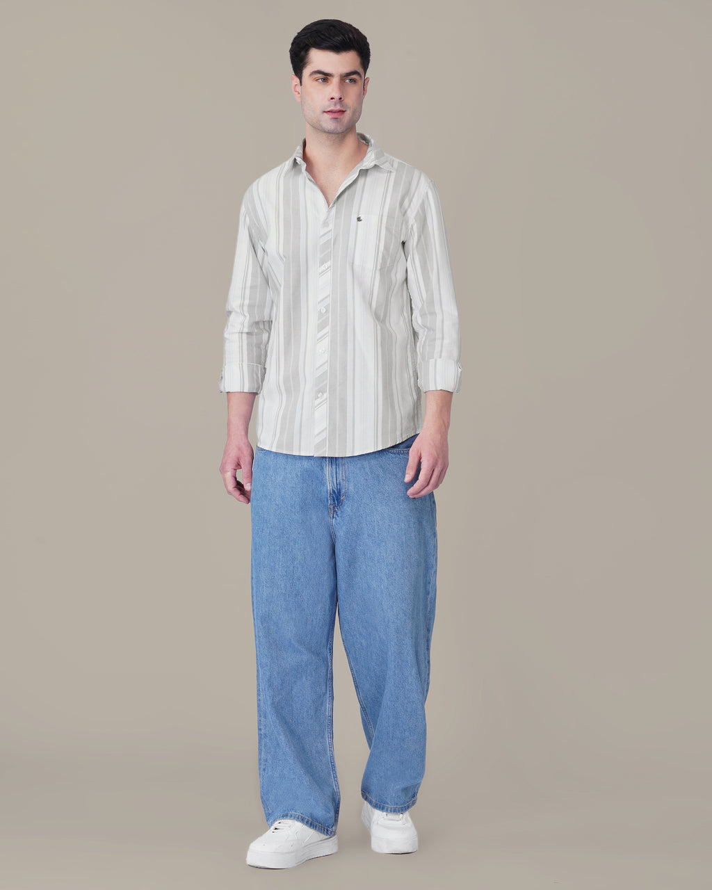 White and Light Grey Striped 100% Cotton Oxford Shirt