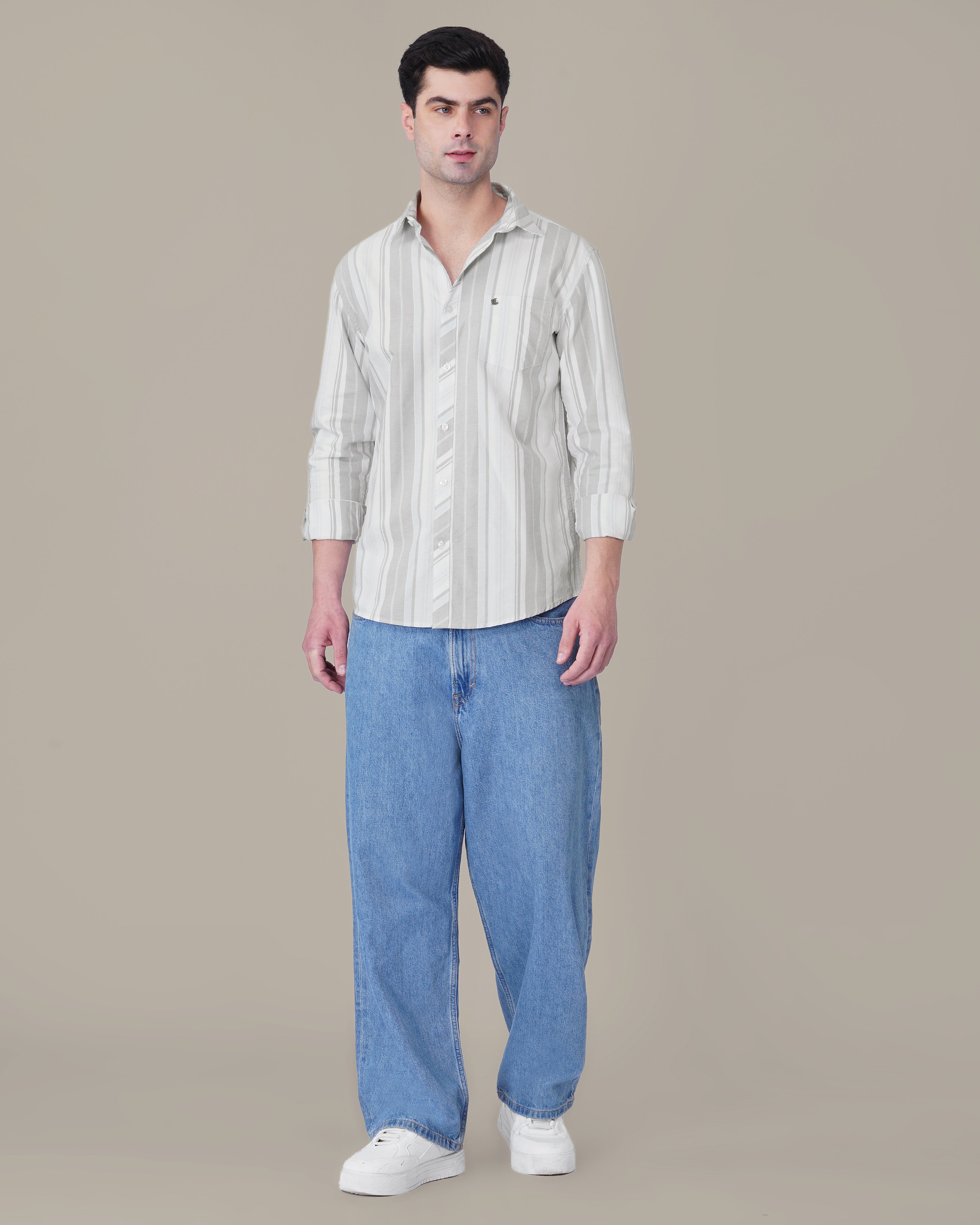 White and Light Grey Striped 100% Cotton Oxford Shirt