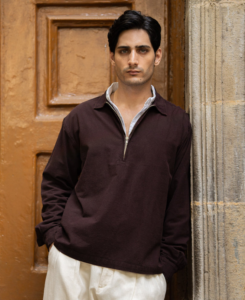 Dark Brown Washed Zipper Shirt 100% Cotton