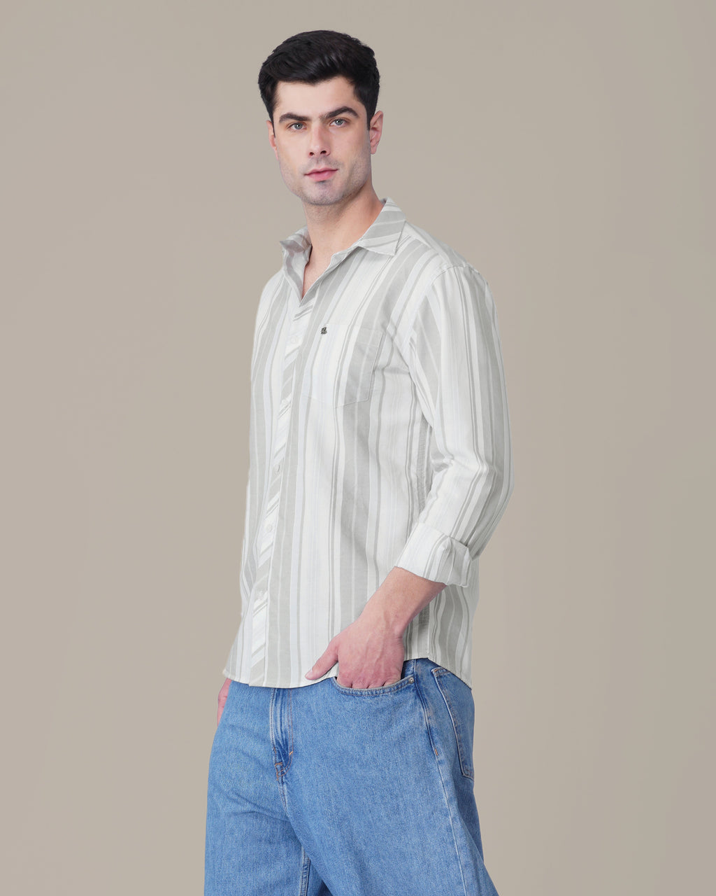 White and Light Grey Striped 100% Cotton Oxford Shirt