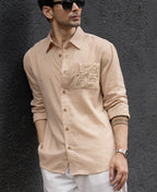 Beige Linen Crochet Patch Shirt