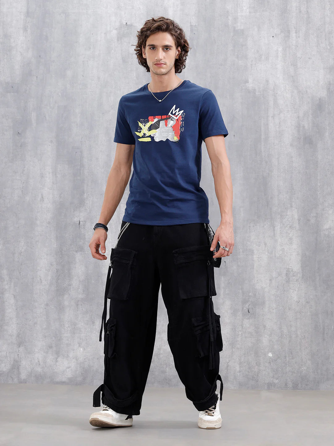 Graffiti Inspired Chest Graphic Slim Fit T-Shirt | Navy Blue