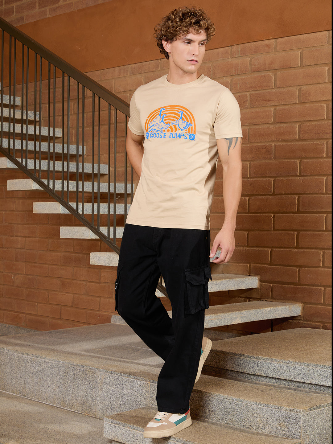 Flock Printed Slim Fit T-Shirt | Khaki