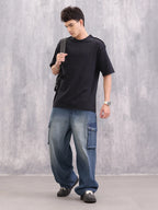 Casual Oversized Fit T-shirt With Raw Edge And Flatlock Detail | Black