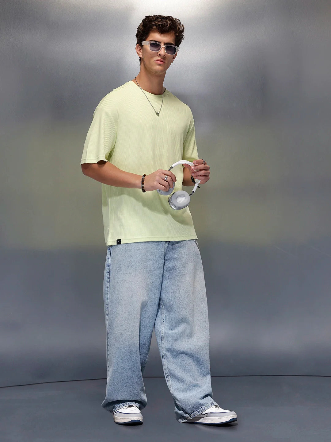Solid Textured Regular Fit T-Shirt   |  Light Green