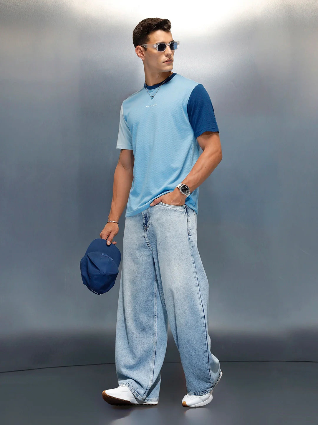 Men's Casual Regular Fit Colorblock T-Shirt | Light Blue