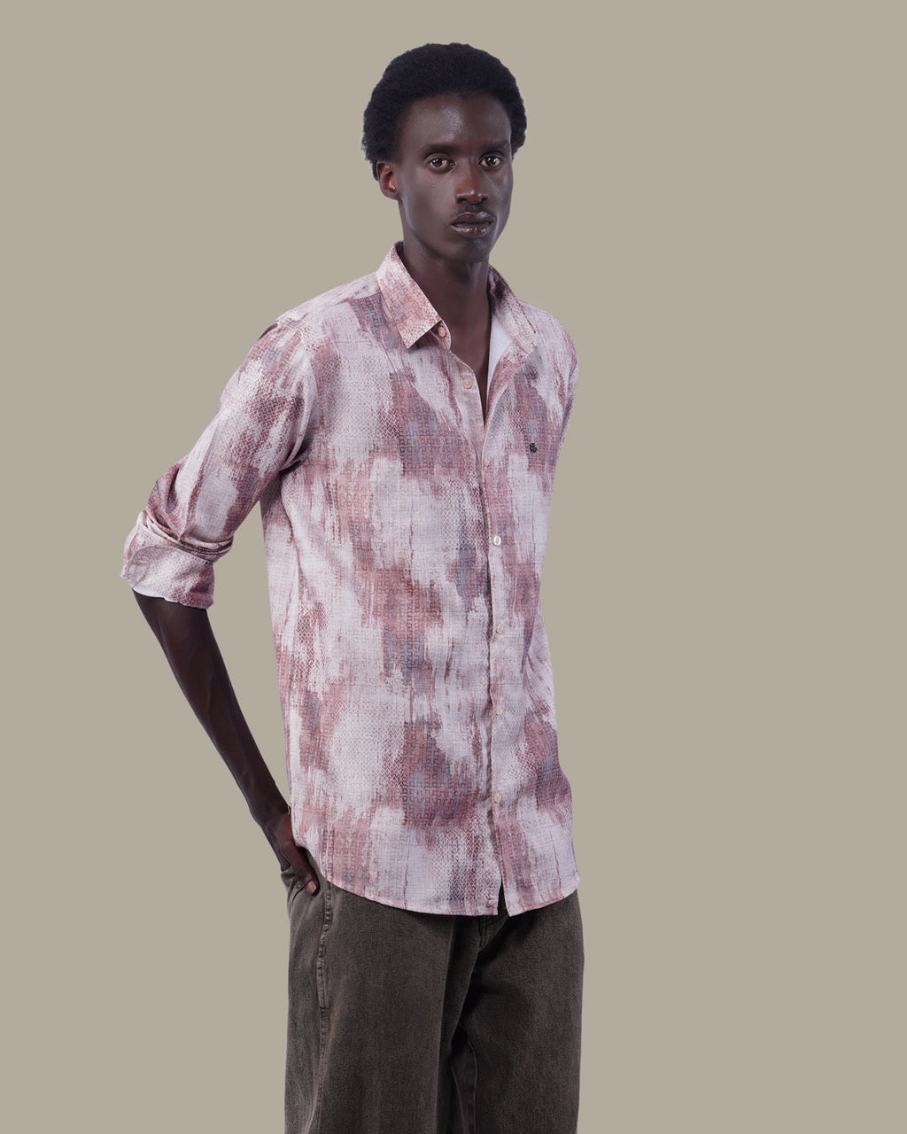 Muted Beige Abstract Oxford Polyester Shirt