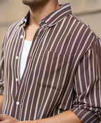 Brown Linen Blend Stripe Shirt