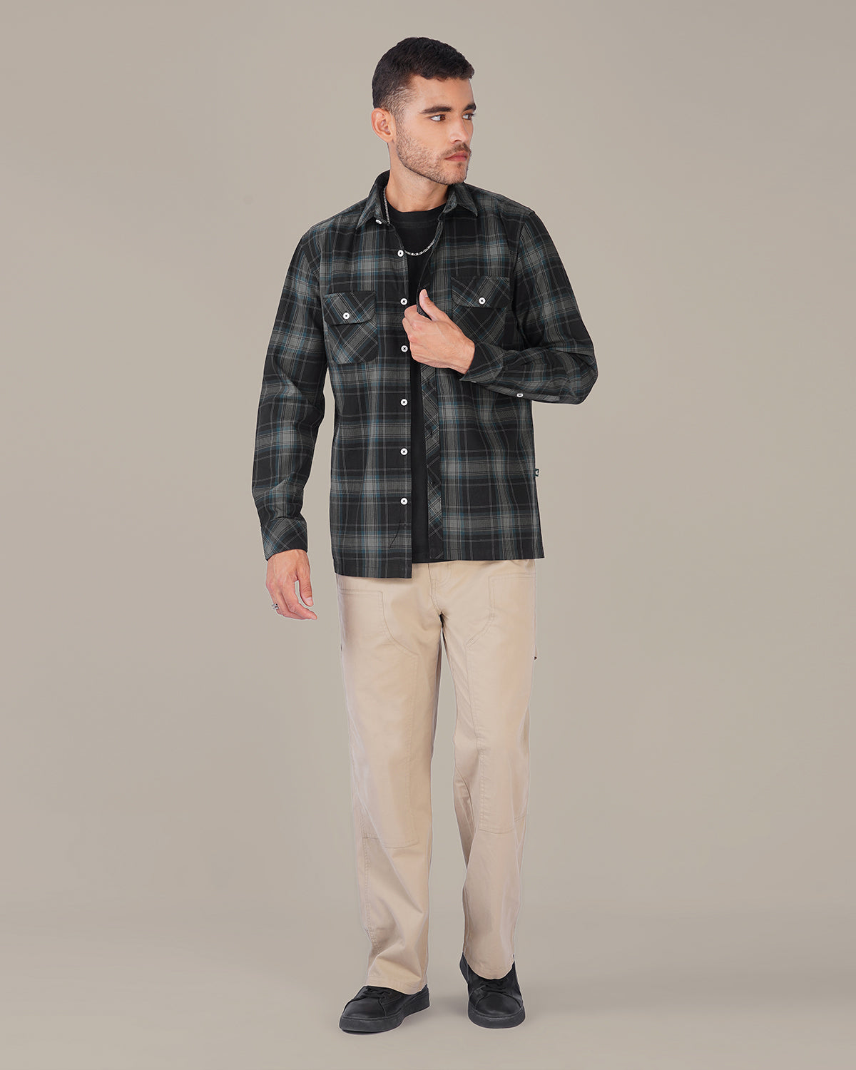 Dark Green Plaid 100% Cotton Slub Button-Up Shirt