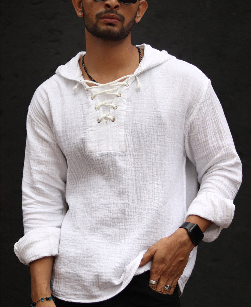 White Hoodie Oversize Drop Shoulder Shirt 100% Cotton