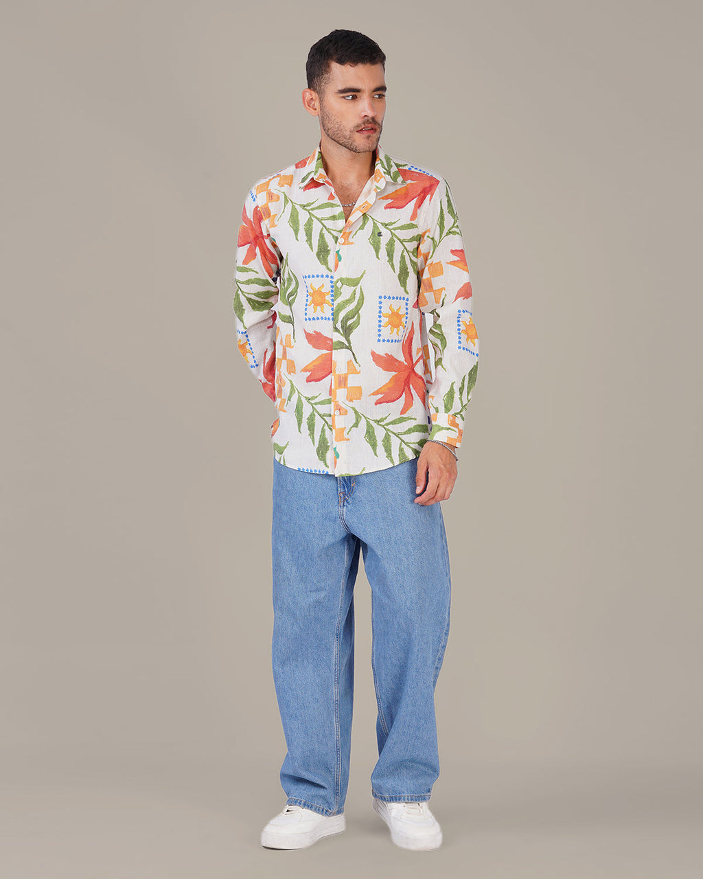 Natural Slub Floral Print Poly-Linen Blend Shirt