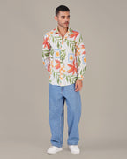 Natural Slub Floral Print Poly-Linen Blend Shirt