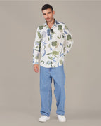 White Floral Print Soft Finish Slub Shirt