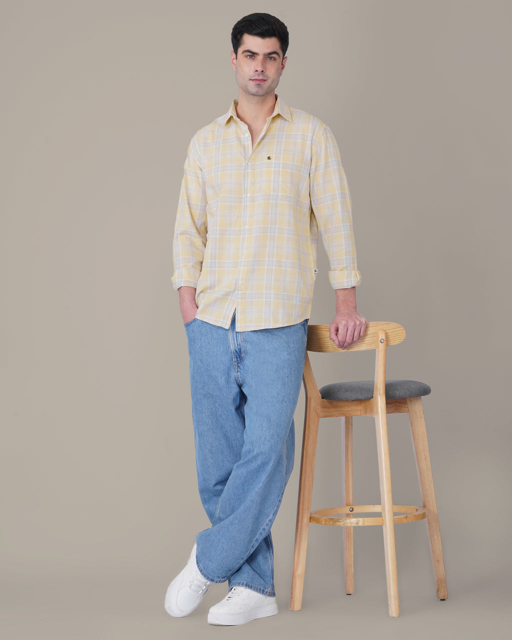 Pale Yellow and Blue Plaid 100% Cotton Long Sleeve Shirt