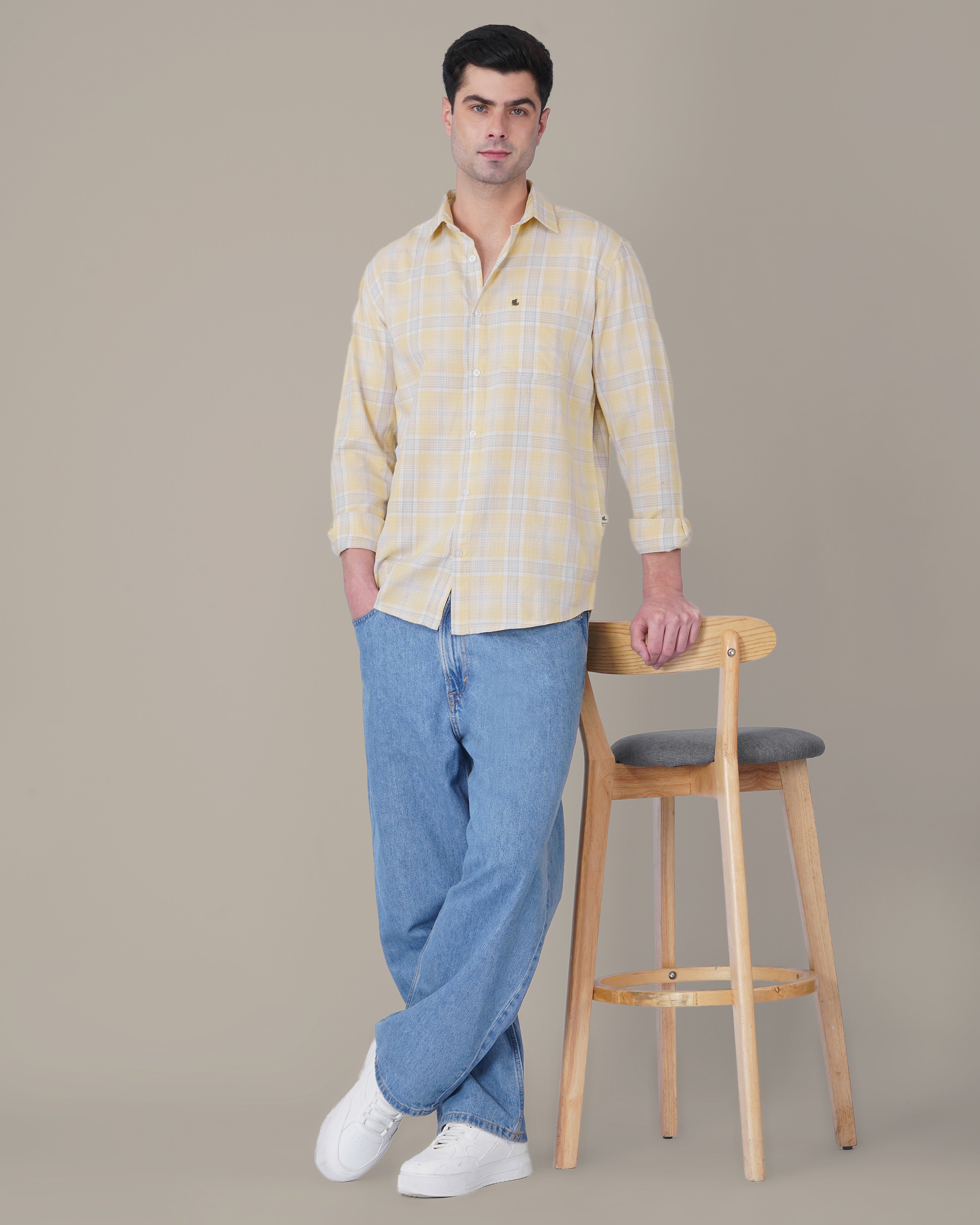 Pale Yellow and Blue Plaid 100% Cotton Long Sleeve Shirt