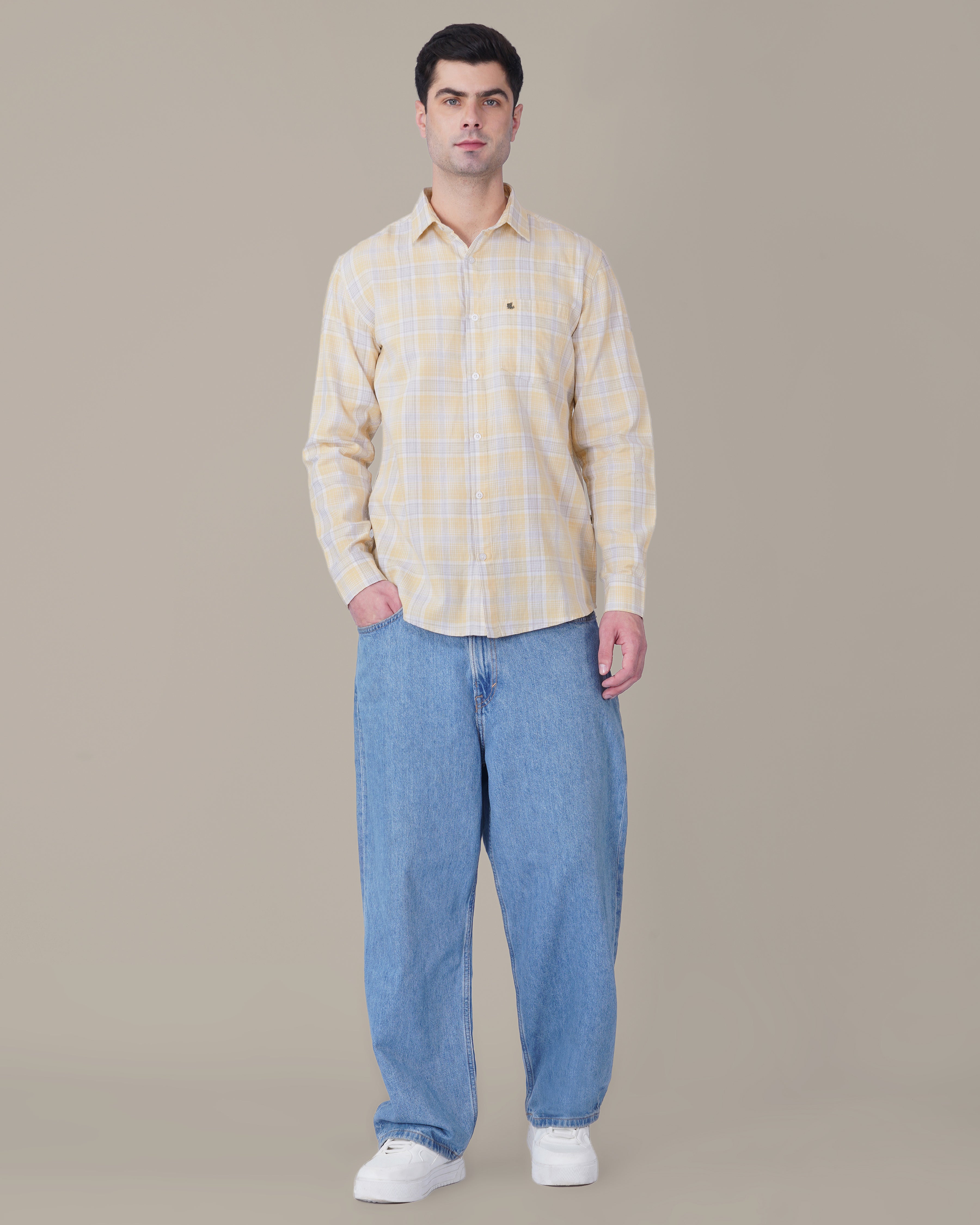 Pale Yellow and Blue Plaid 100% Cotton Long Sleeve Shirt