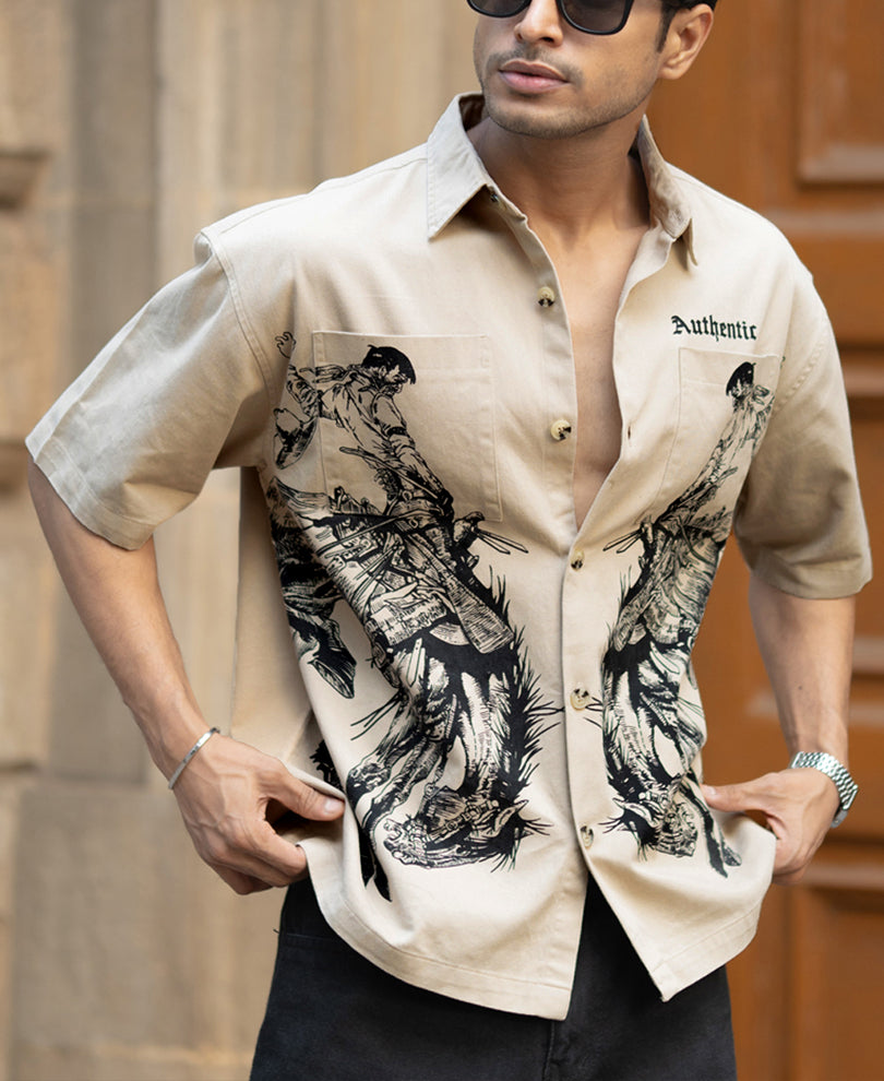 Beige Cowboy Print Boxy Shirt 100% Cotton