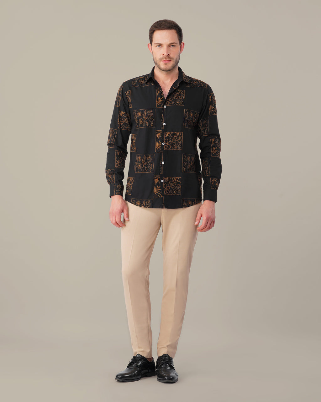 Black Floral Print Cotton-rich Linen-style Shirt