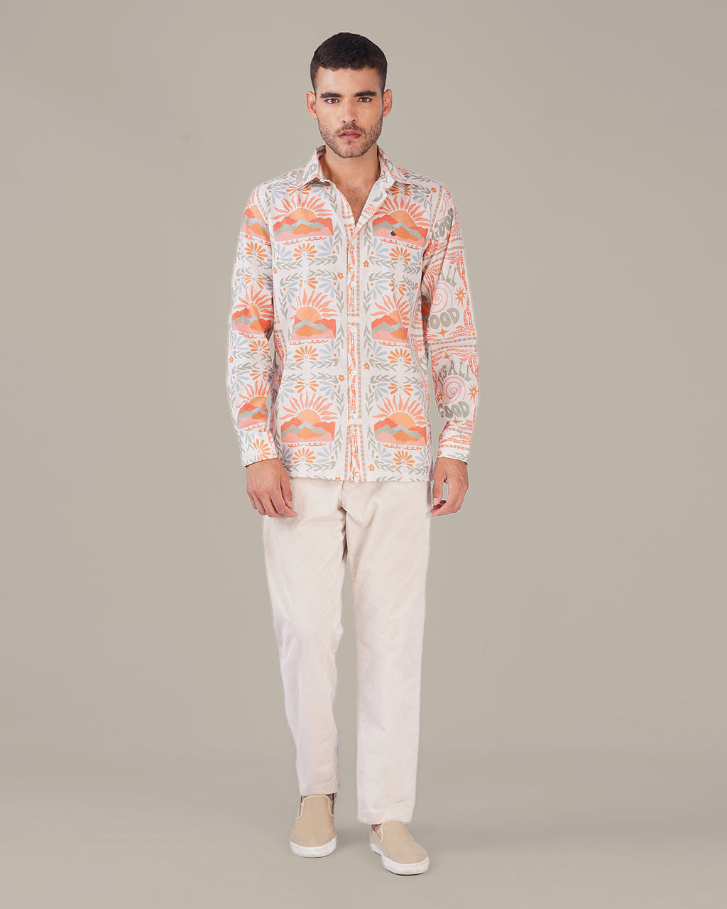 Natural Slub Print Cotton-Blend Button-Up Shirt