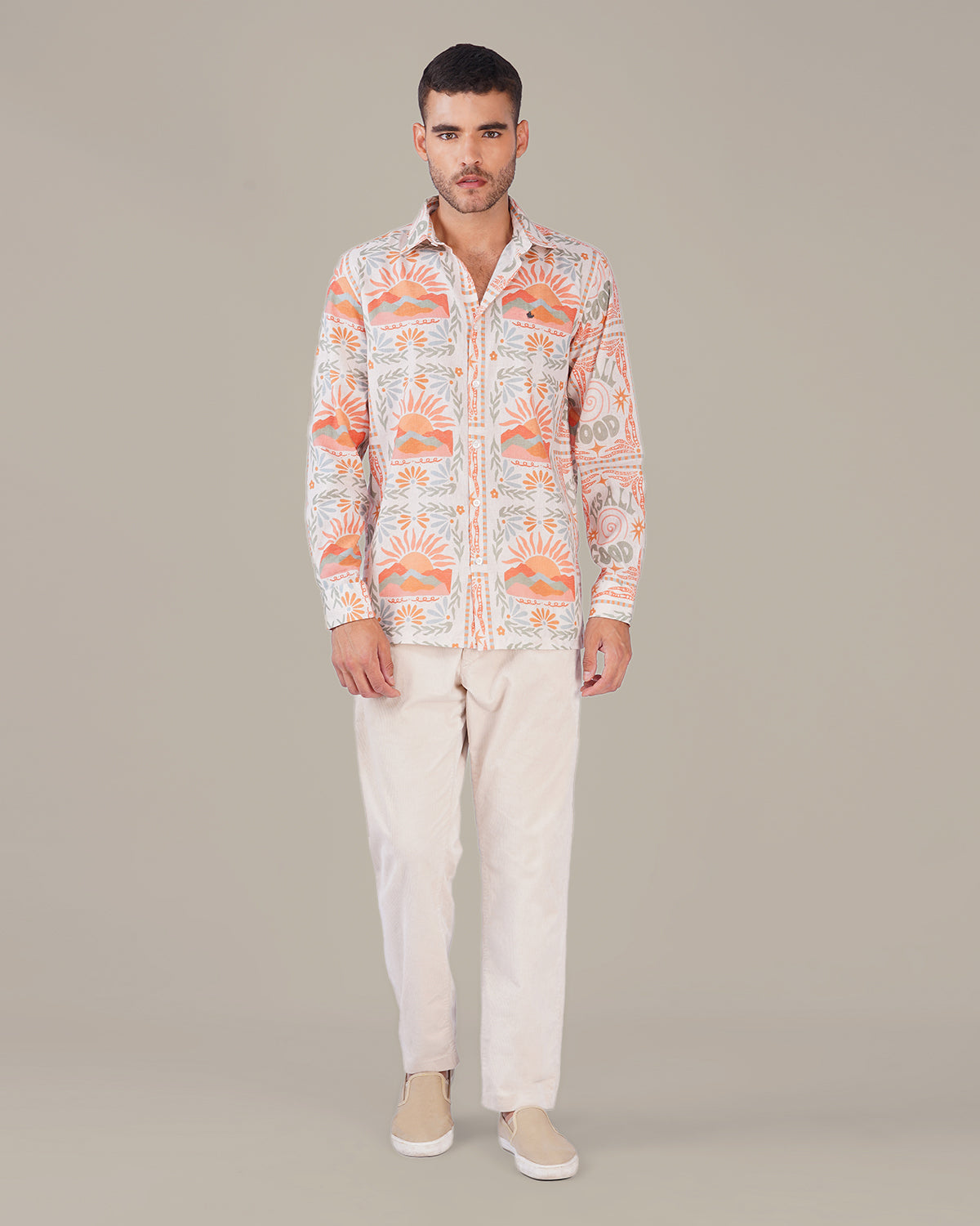 Natural Slub Print Cotton-Blend Button-Up Shirt