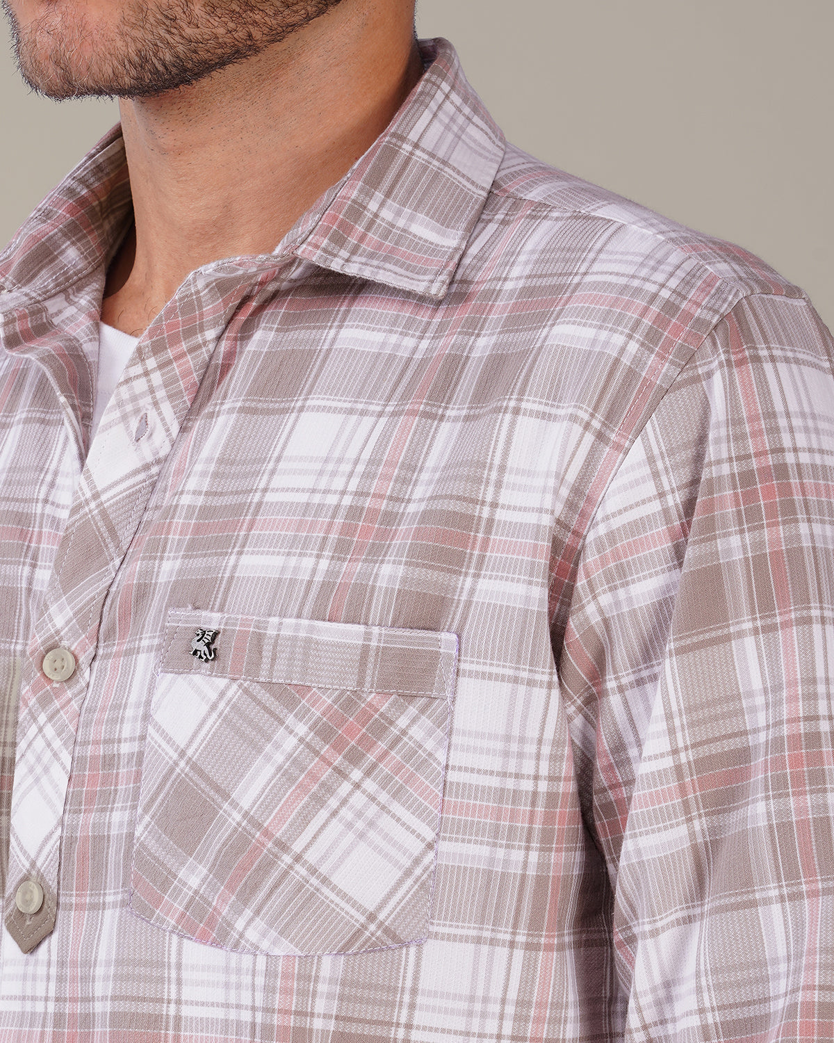 Muted Gray and Pink Plaid 100% Cotton Slub Shirt