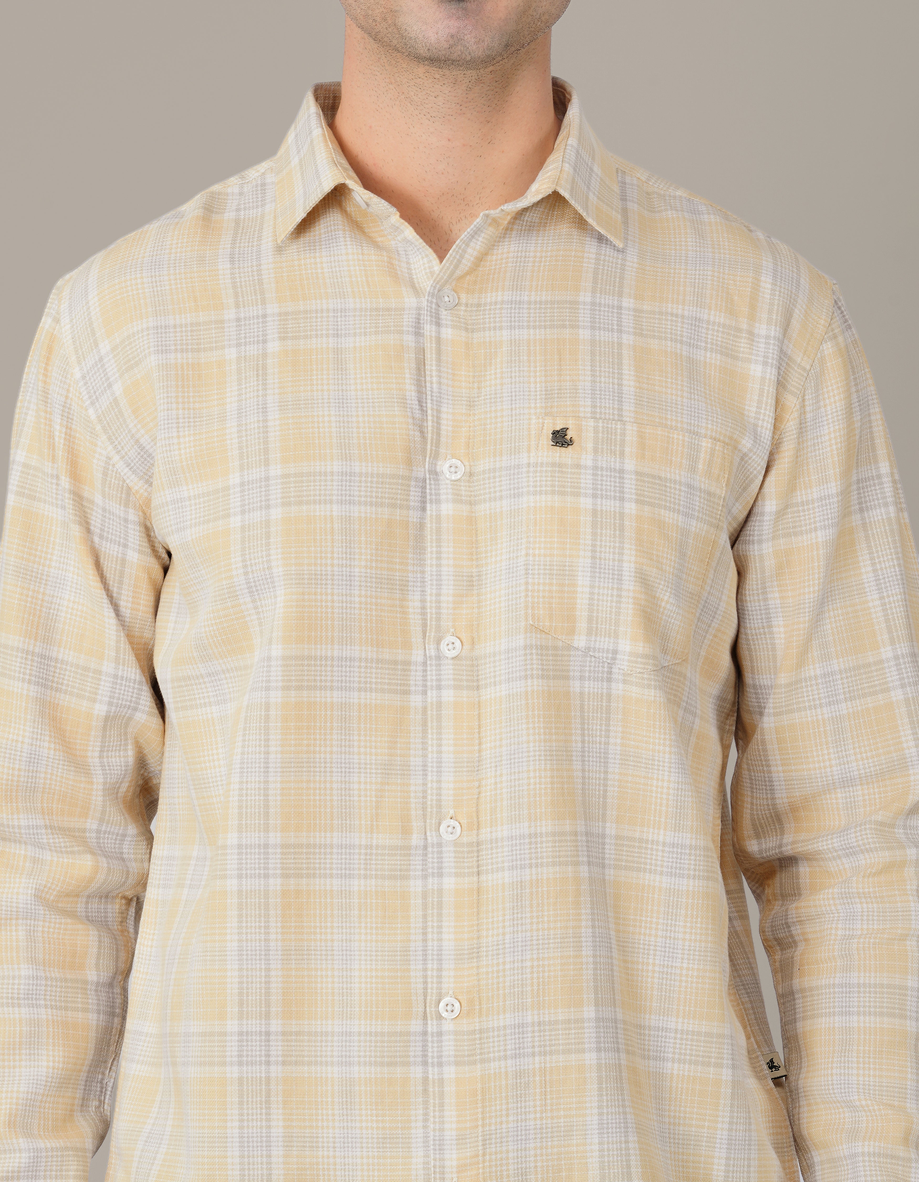 Pale Yellow and Blue Plaid 100% Cotton Long Sleeve Shirt