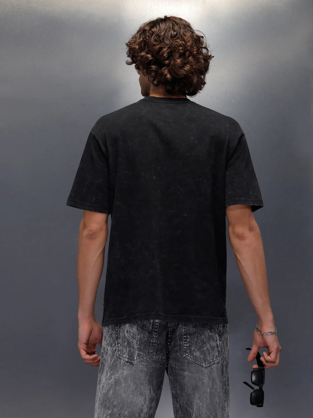 Acid Wash Crew Neck Tee With Chest Logo & Patch Graphic | Black