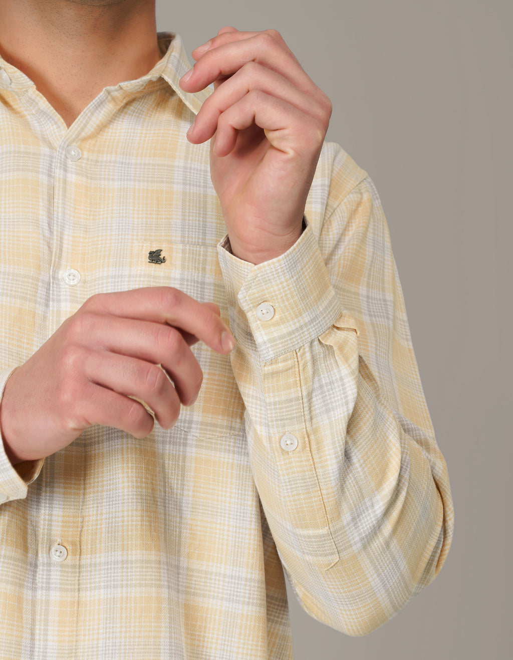 Pale Yellow and Blue Plaid 100% Cotton Long Sleeve Shirt