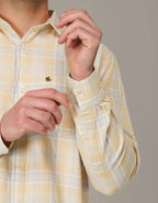 Pale Yellow and Blue Plaid 100% Cotton Long Sleeve Shirt