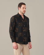 Black Floral Print Cotton-rich Linen-style Shirt
