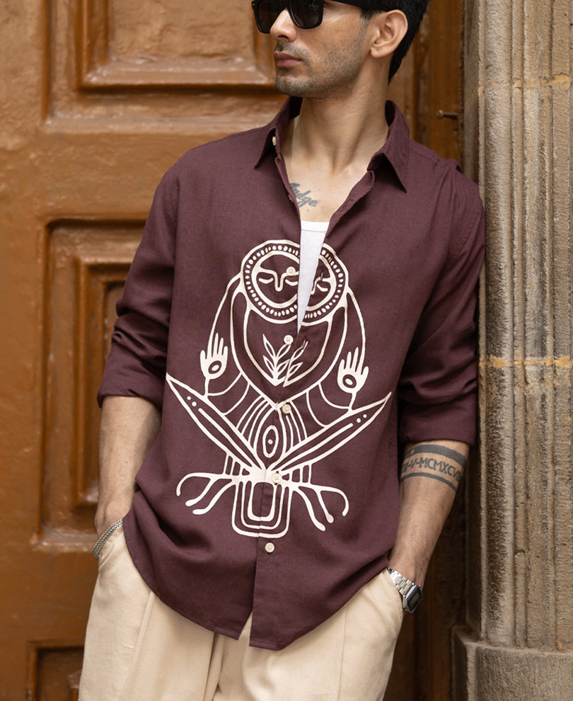 Wine Printed Linen Shirt