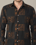 Black Floral Print Cotton-rich Linen-style Shirt