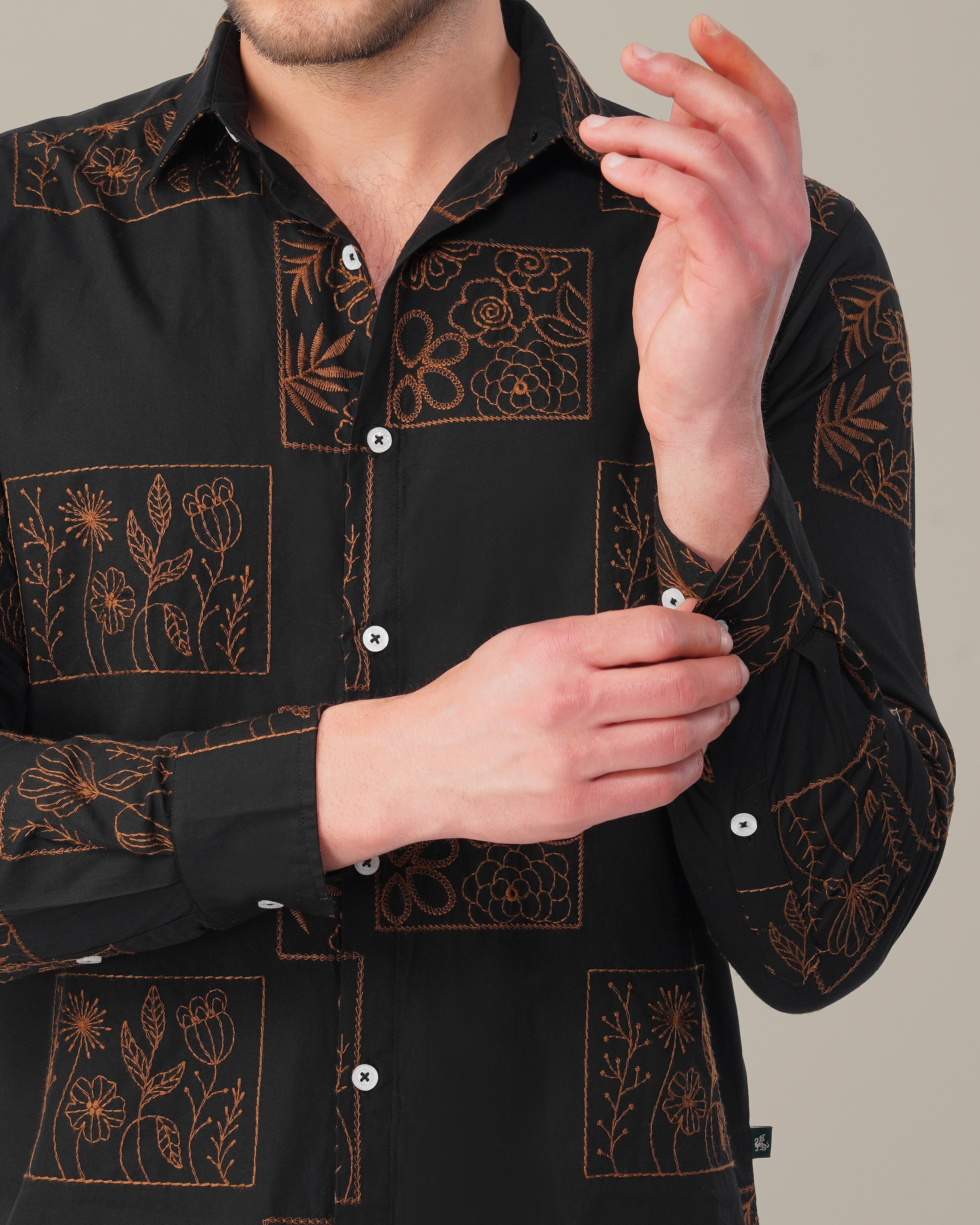 Black Floral Print Cotton-rich Linen-style Shirt