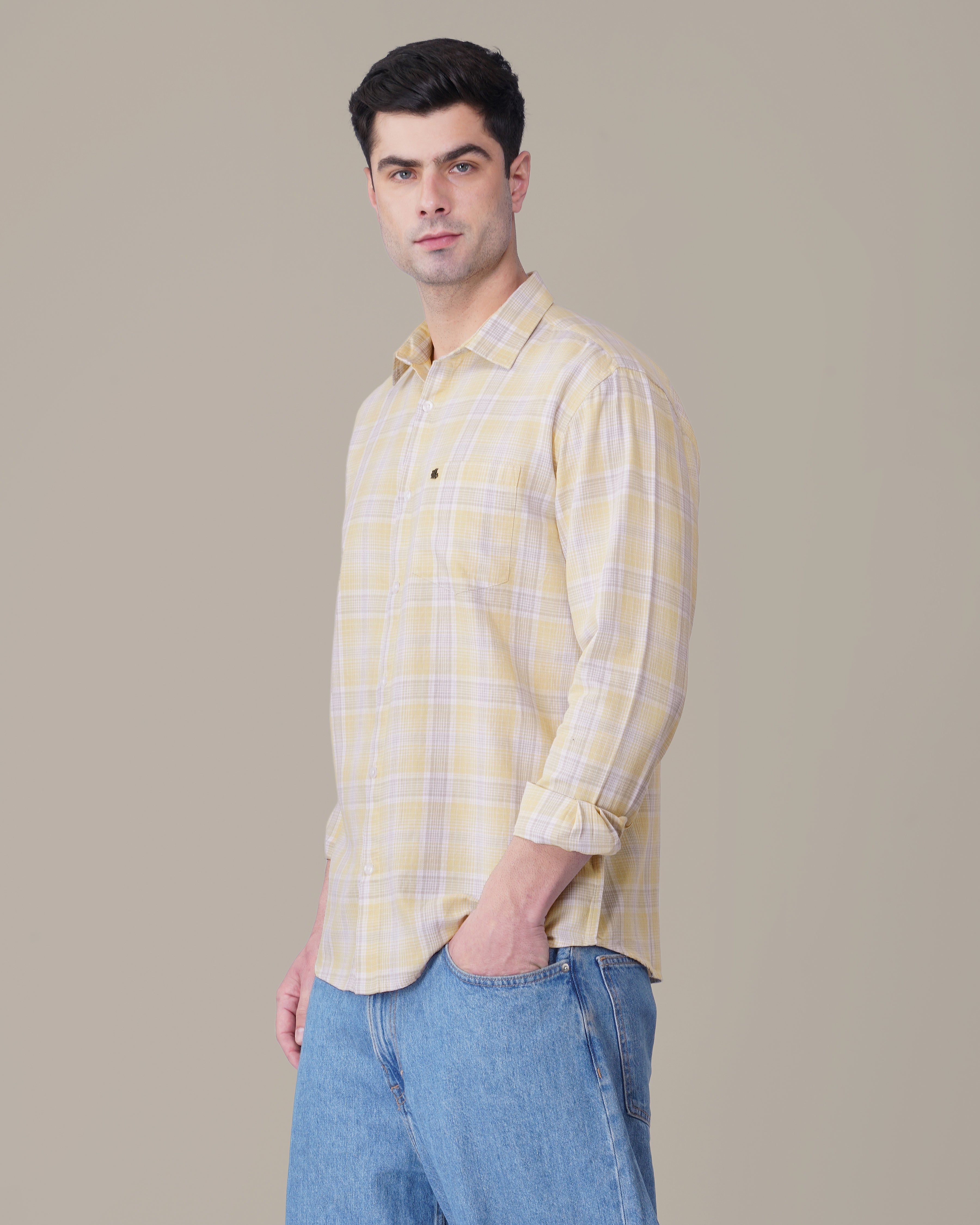 Pale Yellow and Blue Plaid 100% Cotton Long Sleeve Shirt