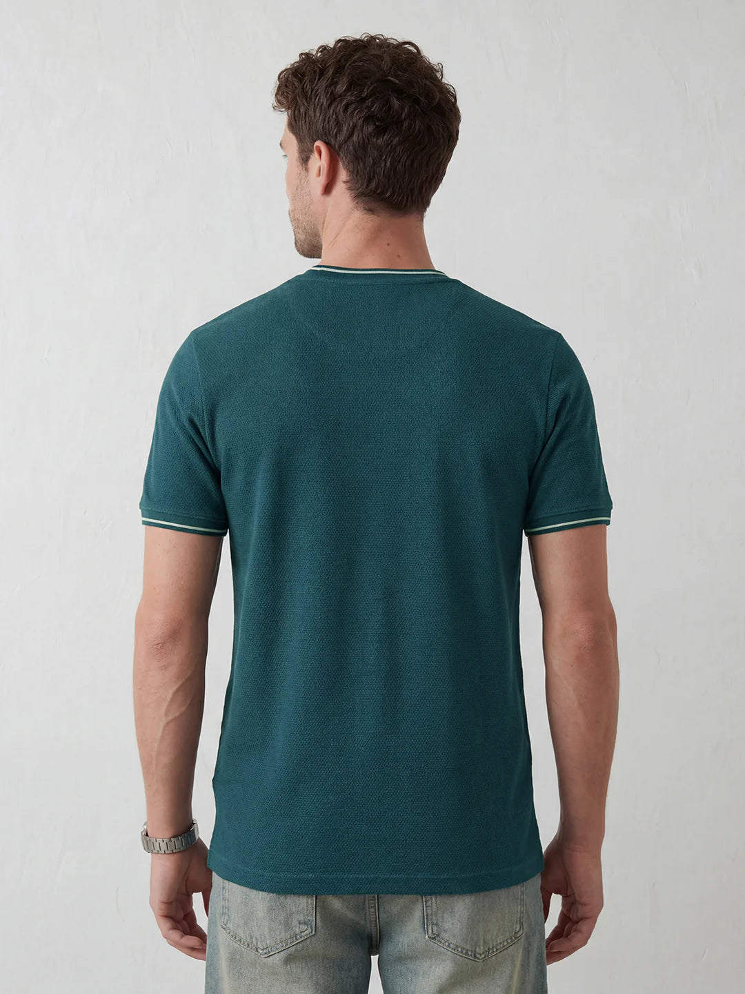 Men’s Retro Popcorn Textured Slim Fit T-Shirt | Dark Blue