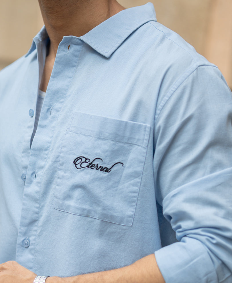 Blue Linen Blend Embroidered Shirt