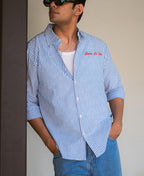 Blue Seersucker Embroidery Stripe Shirt 100% Cotton
