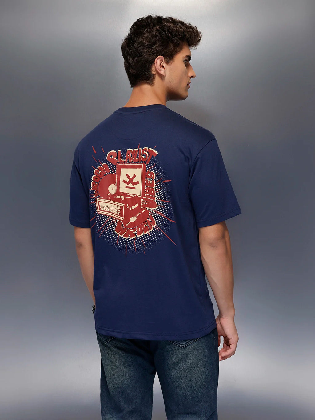 Classic Oversized Back Printed T-Shirt   |  Navy Blue