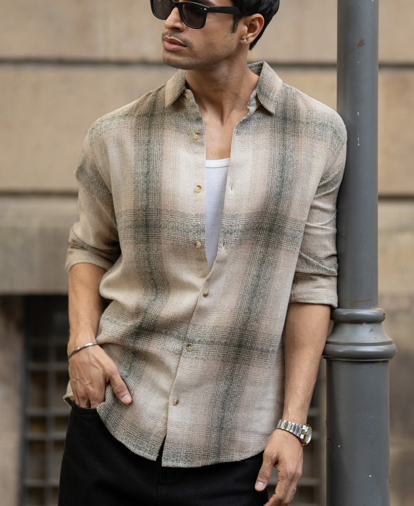 Beige Structured Checked Shirt 100% Cotton