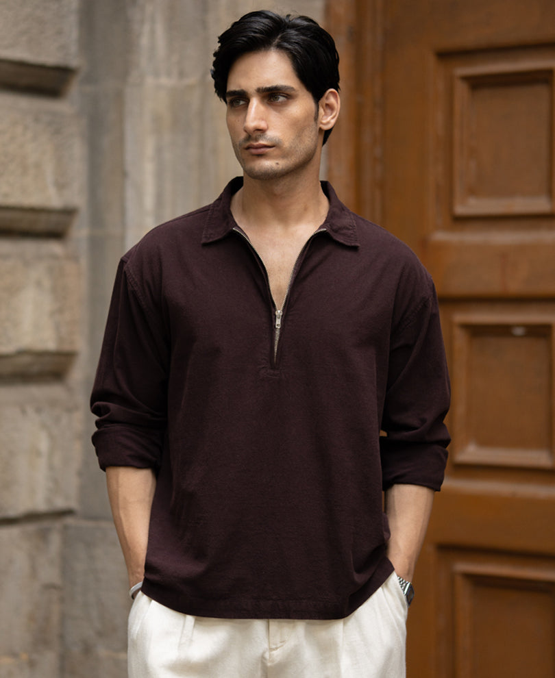Dark Brown Washed Zipper Shirt 100% Cotton