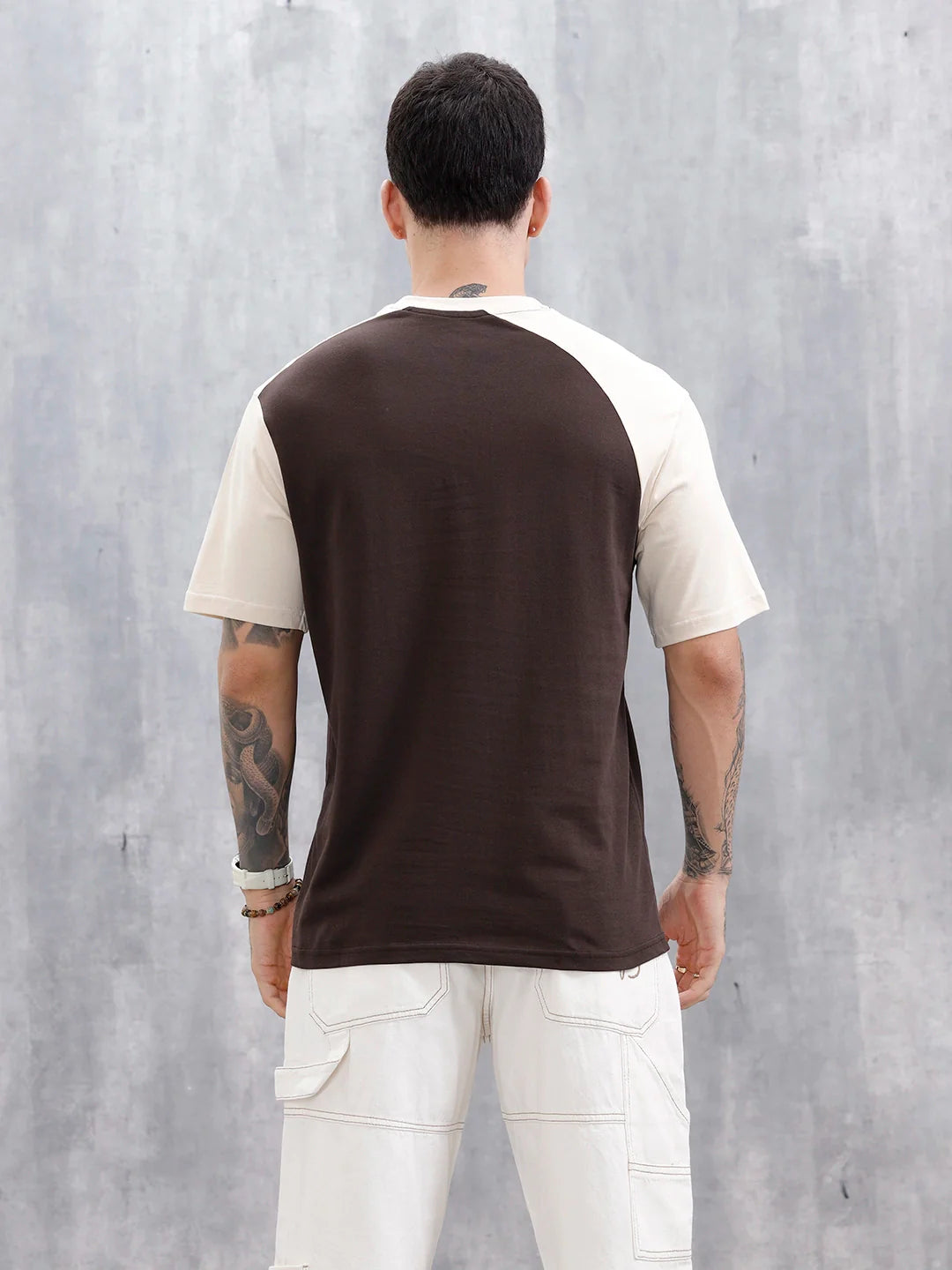 Wrogn Men's Casual Colorblocked T-Shirt  | Brown